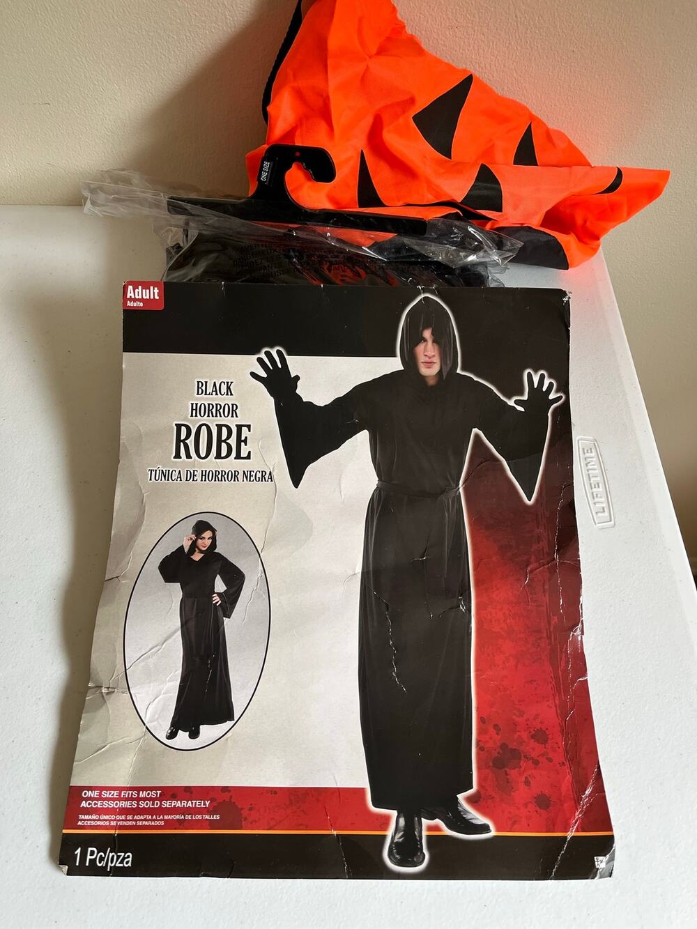Halloween Black Horror Robe Costume & Pumpkin Trick or Treat Bag Bundle Unisex